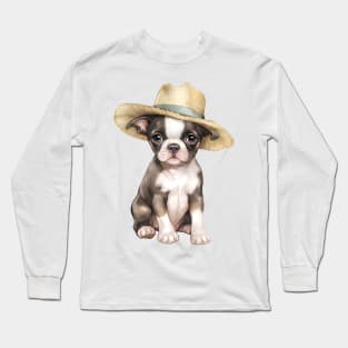 Watercolor Boston Terrier Dog in Straw Hat Long Sleeve T-Shirt